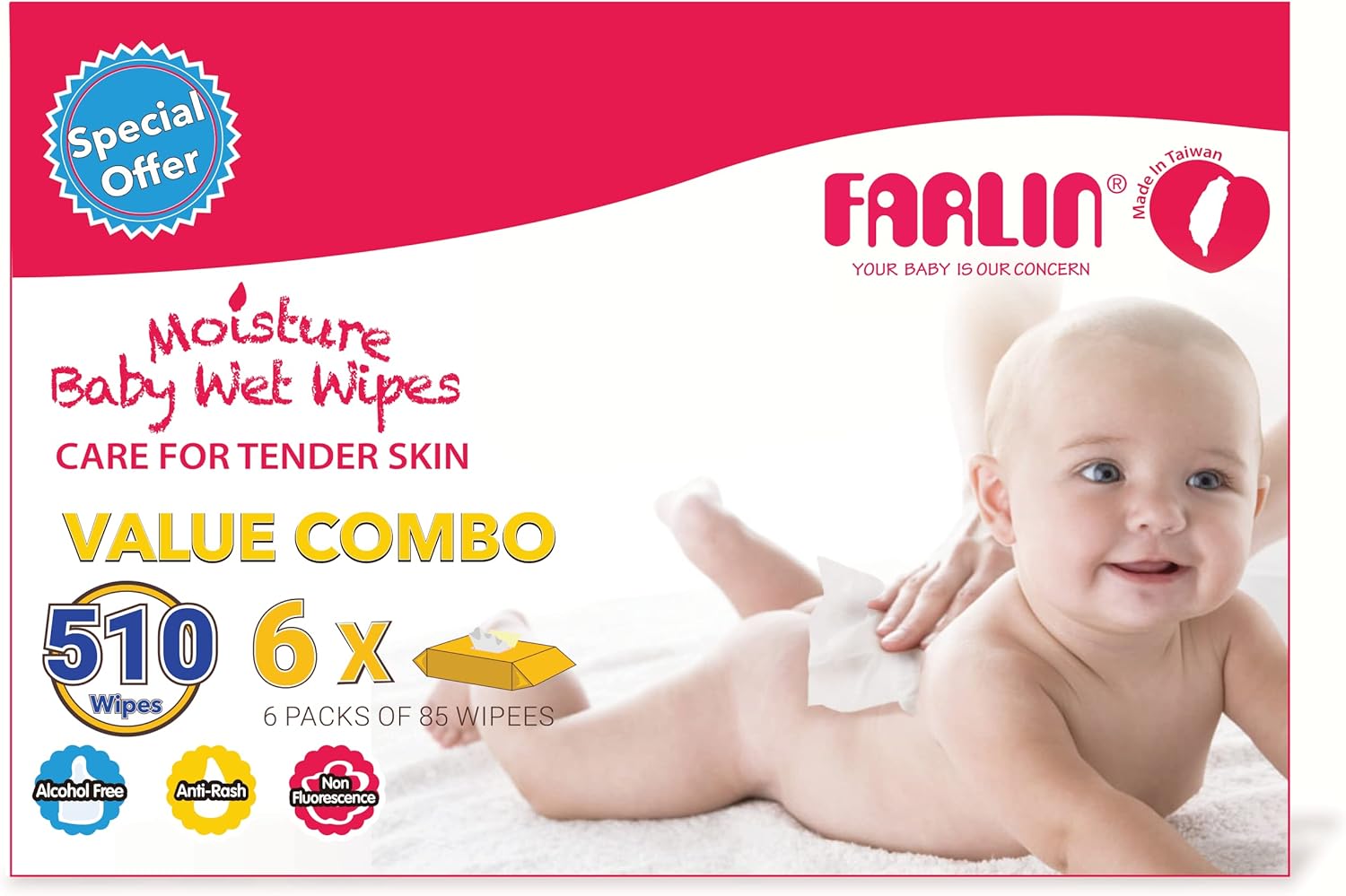 Farlin Anti-rash, 510 Wet Wipes (6 Packs*85)