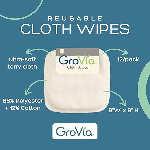 GroVia Reusable Cloth Diapering Wipes, 12 Count