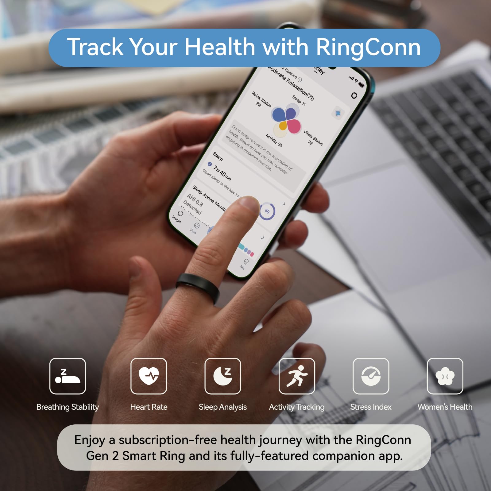 RingConn Gen 2, World’s First Smart Ring with Sleep Apnea Monitoring, No APP Subscription, 12-Day Battery Life, Stress/Heart Rate/Women's Health Tracker, Android & iOS Compatible (Black, Size 6)