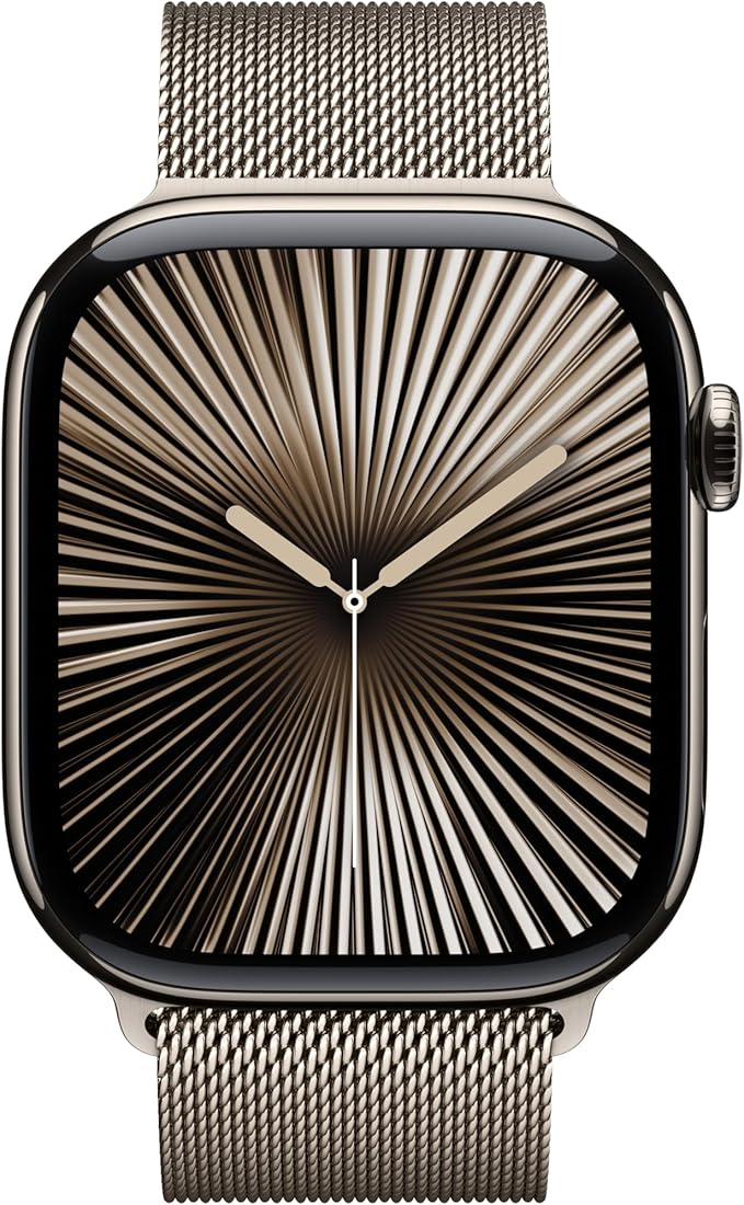 Apple Watch Series 10 GPS + Cellular 46 mm Smartwatch with Natural Titanium Case with Natural Milanese Loop - M/L. Fitness Tracker, ECG App, Always-On Retina Display, Carbon Neutral
