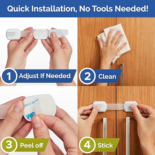 Wappa Child Safety Strap Locks (10 Pack) Baby Locks for Cabinets and Drawers, Toilet, Fridge & More. 3M Adhesive Pads. Easy Installation, No Drilling Required, White/Gray