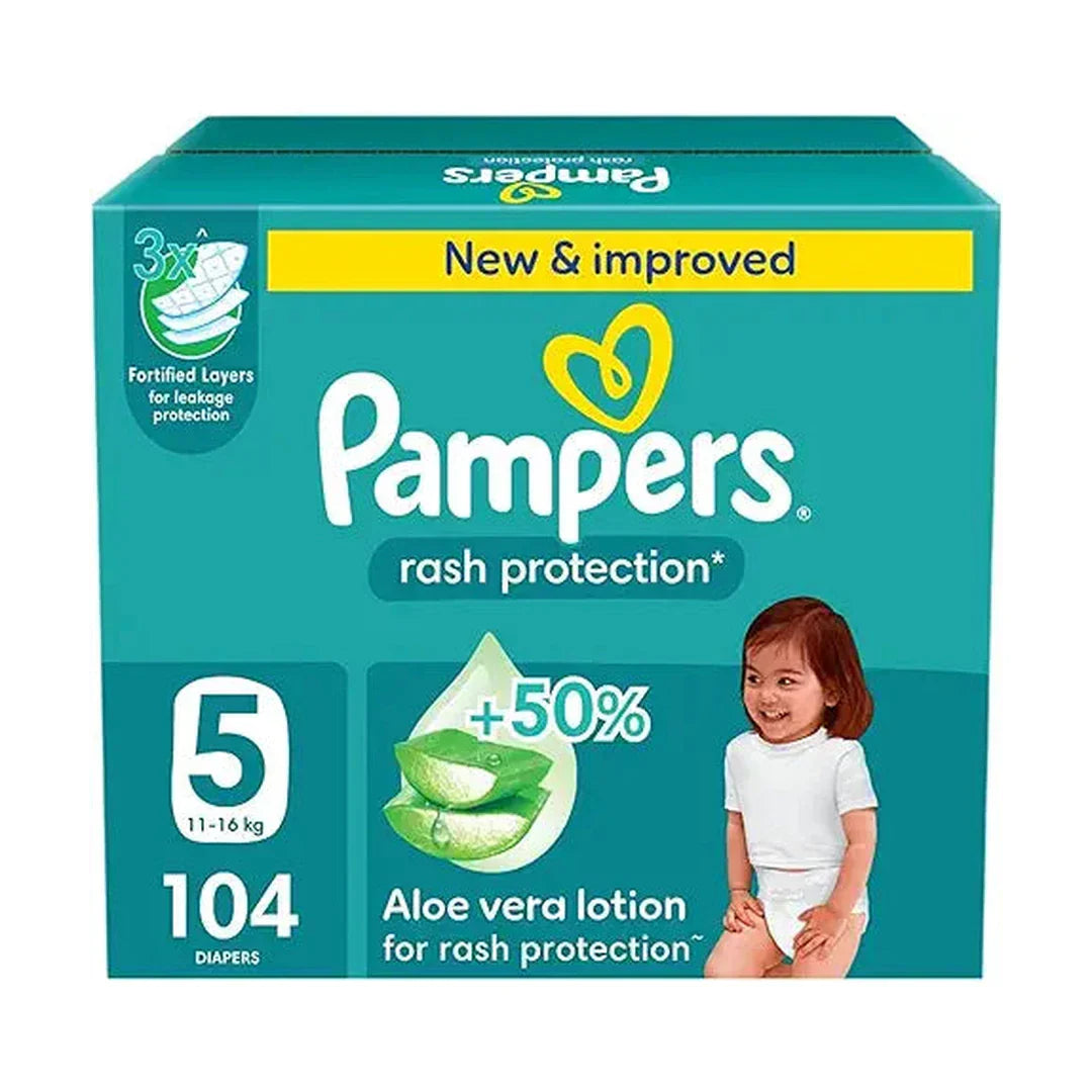 Pampers Rash Protection, Taped Diapers, Size 5, 11-16 kg, Giant Box, 104 Diapers