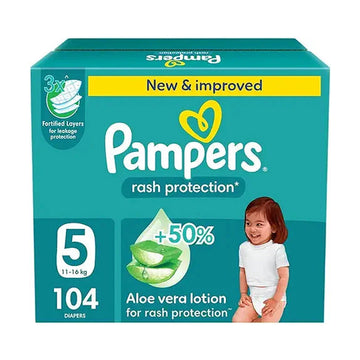 Pampers Rash Protection, Taped Diapers, Size 5, 11-16 kg, Giant Box, 104 Diapers