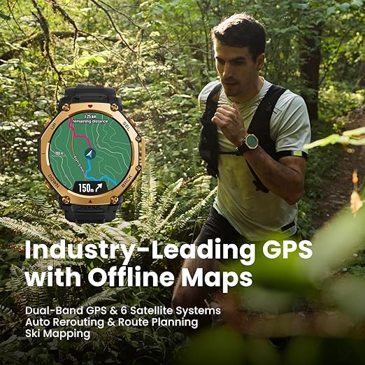 Amazfit T-Rex 3 Pro Outdoor Smart Watch 48mm Sapphire AMOLED Display, Ti Bezel, Dual Band GPS, Offline Maps, 25 Days Battery, Built-in Flashlight, 10 ATM, 180+ Sports Mode for Android & iPhone, Black