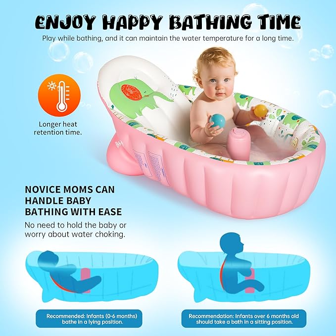 Inflatable Baby Bathtub - Portable Toddler Tub for Shower, Travel-Friendly, Easy to Deflate and Fold, Non-Slip, Thick Cushion for Safety, Ideal for 6-24 Months