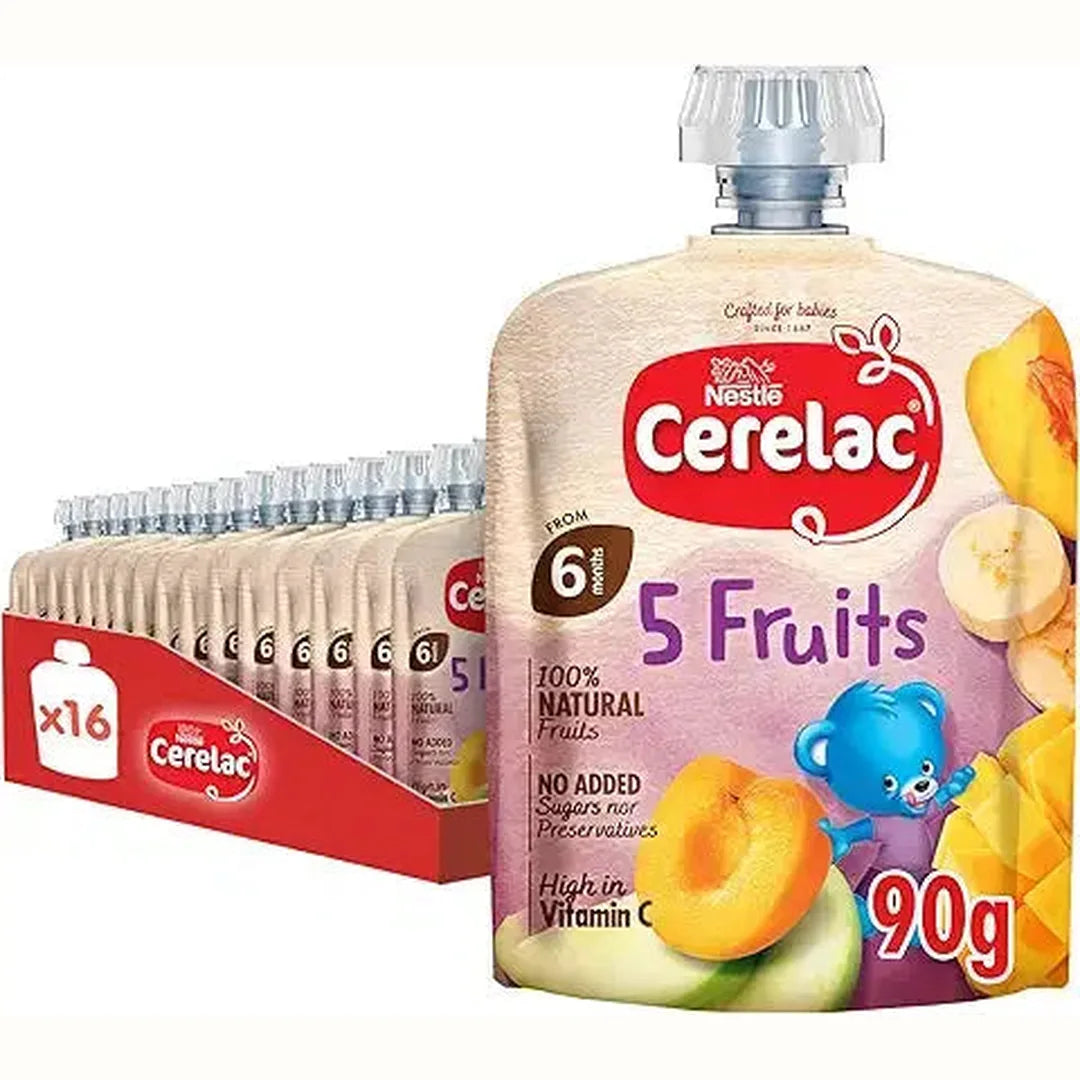 Cerelac 5 Fruits (Apple, Banana, Peach, Apricot & Mango), 100% Natural Fruits, No Added Sugar, From 6 Months, Puree Pouch 90g (16 Pouches)