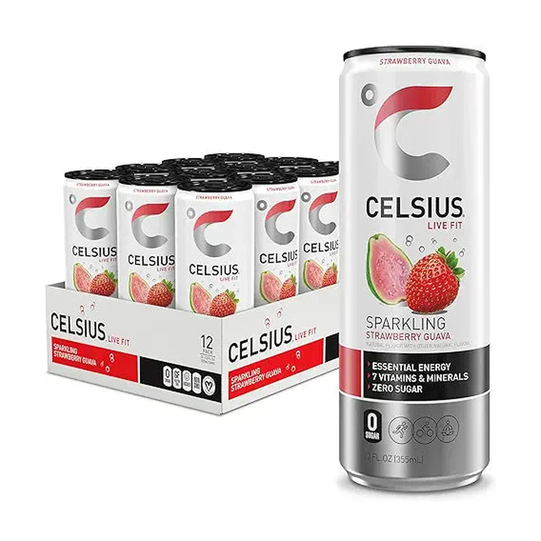 CELSIUS Sparkling Strawberry Guava Fitness Drink, Zero Sugar, 12oz. Slim Can (Pack of 12)