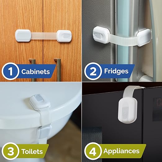 Wappa Child Safety Strap Locks (10 Pack) Baby Locks for Cabinets and Drawers, Toilet, Fridge & More. 3M Adhesive Pads. Easy Installation, No Drilling Required, White/Gray