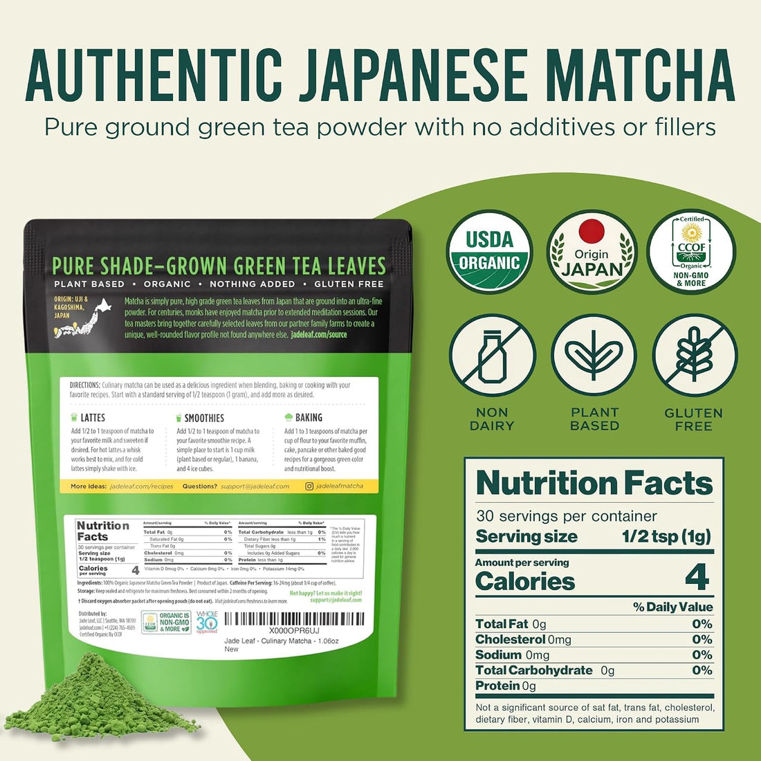 Jade Leaf Matcha Organic Green Tea Powder, Second Harvest Premium Culinary Grade - Authentic Japanese (1.06 Ounce Bag)