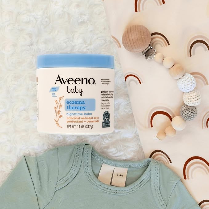 Aveeno Baby Eczema Therapy Nighttime Moisturizing Balm, Colloidal Oatmeal & Ceramide, Soothes & Relieves Dry, Itchy Skin from Eczema, Hypoallergenic, Fragrance-Free, Travel Size, 1 oz