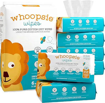 Whoopsie Wipes | Ultra-Soft - 100% Pure Cotton Dry Baby Wipes | Use Wet or Dry | Soft & Sensitive | Extra Strong & Absorbent (6 Pack - 600 Count)
