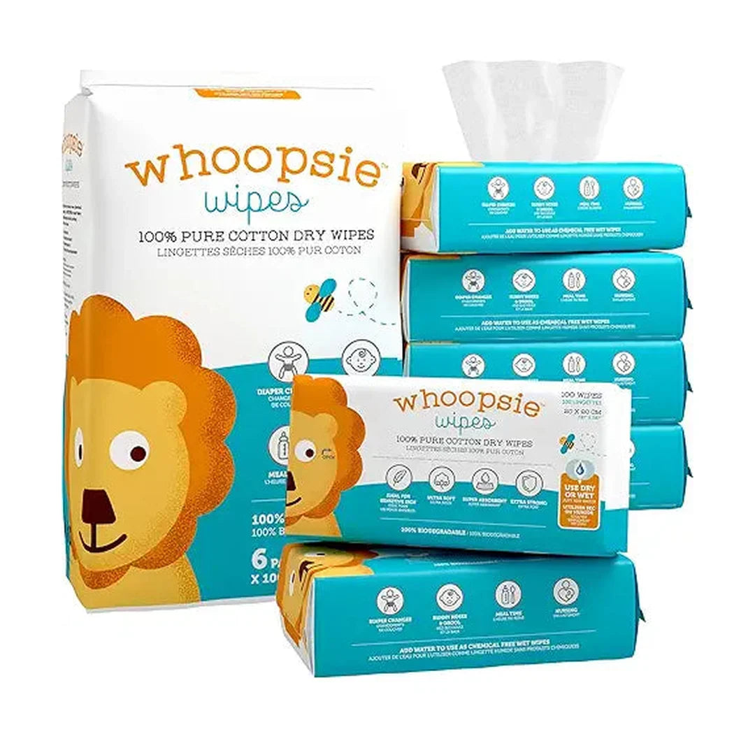 Whoopsie Wipes | Ultra-Soft - 100% Pure Cotton Dry Baby Wipes | Use Wet or Dry | Soft & Sensitive | Extra Strong & Absorbent (6 Pack - 600 Count)