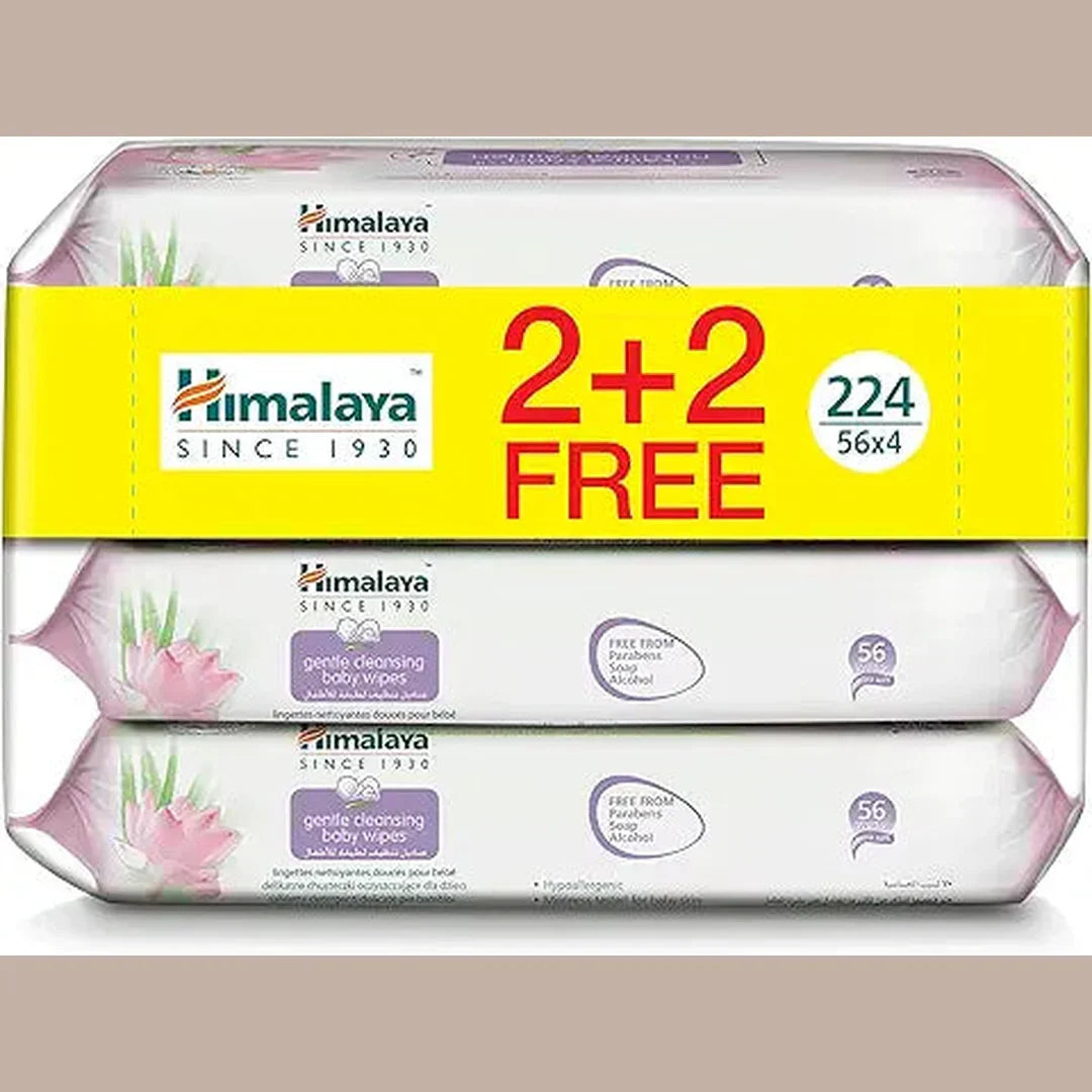 Himalaya Gentle Cleansing Baby Wipes | 56 wipes X 4 packs (224 Wipes) | Mildly Cleanse & Protect Baby's Skin from Dryness | Enriched with Goodness of Aloe Vera & Lotus | Alcohol & Paraben Free