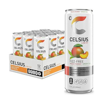 Celsius Fitness Drink, Non-Carbonated Peach Mango Green Tea, 200mg Caffeine, Zero Sugar, Slim Can, 355ml (Pack Of 12)