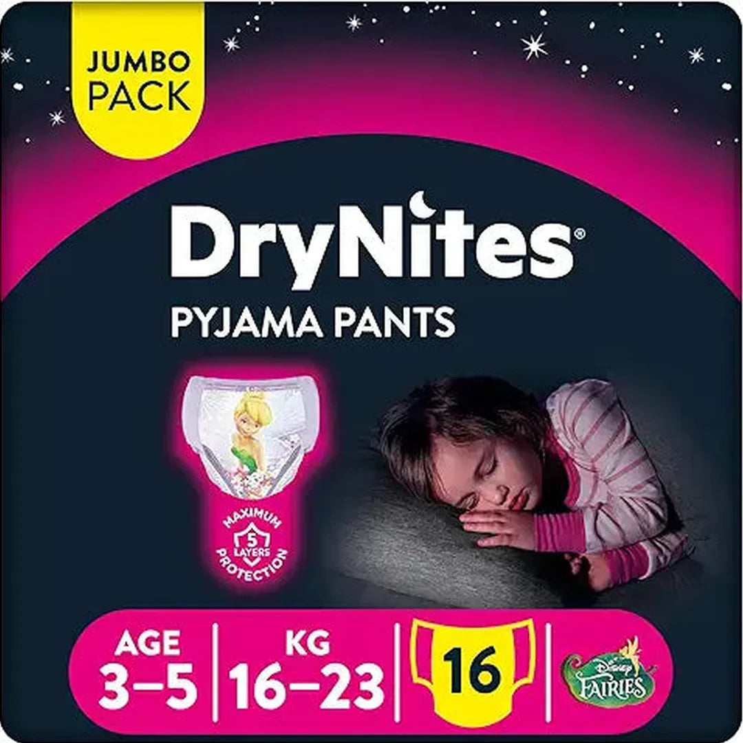 Huggies DryNites, 3-5 years, Girl, 17-30 kg, Jumbo Pack, 16 Bed Wetting Diaper Pants