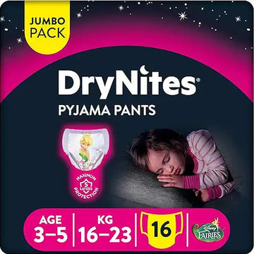 Huggies DryNites, 3-5 years, Girl, 17-30 kg, Jumbo Pack, 16 Bed Wetting Diaper Pants