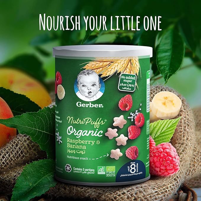 Nestle Gerber Organic Nutripuffs Raspberry & Banana, Baby Food, Tin, 35g