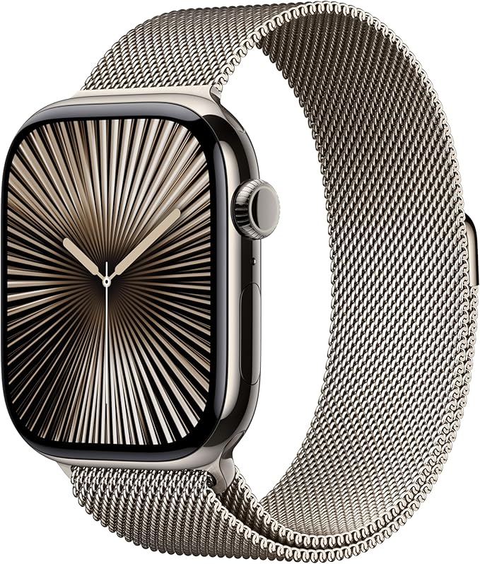 Apple Watch Series 10 GPS + Cellular 46 mm Smartwatch with Natural Titanium Case with Natural Milanese Loop - M/L. Fitness Tracker, ECG App, Always-On Retina Display, Carbon Neutral