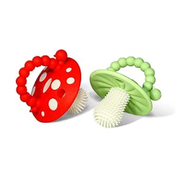 RaZbaby Chompy Teether for Infant & Baby 3M+ Teether Toy with Massaging Bristles for Teething Relief Pacifier - Soothes Sore Gums - Hands-Free & Easy-to-Hold Teether, BPA Free - RED/Blue