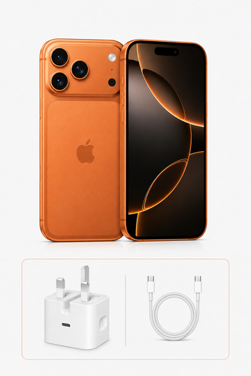 جهاز Apple iPhone 17 Pro Max سعة 1 تيرابايت: شاشة 6.9 بوصة مع ProMotion، وشريحة A19 Pro، وعمر البطارية الأطول على الإطلاق في أي آيفون، ونظام كاميرا Pro Fusion، وكاميرا أمامية Center Stage؛ اللون برتقالي كوني